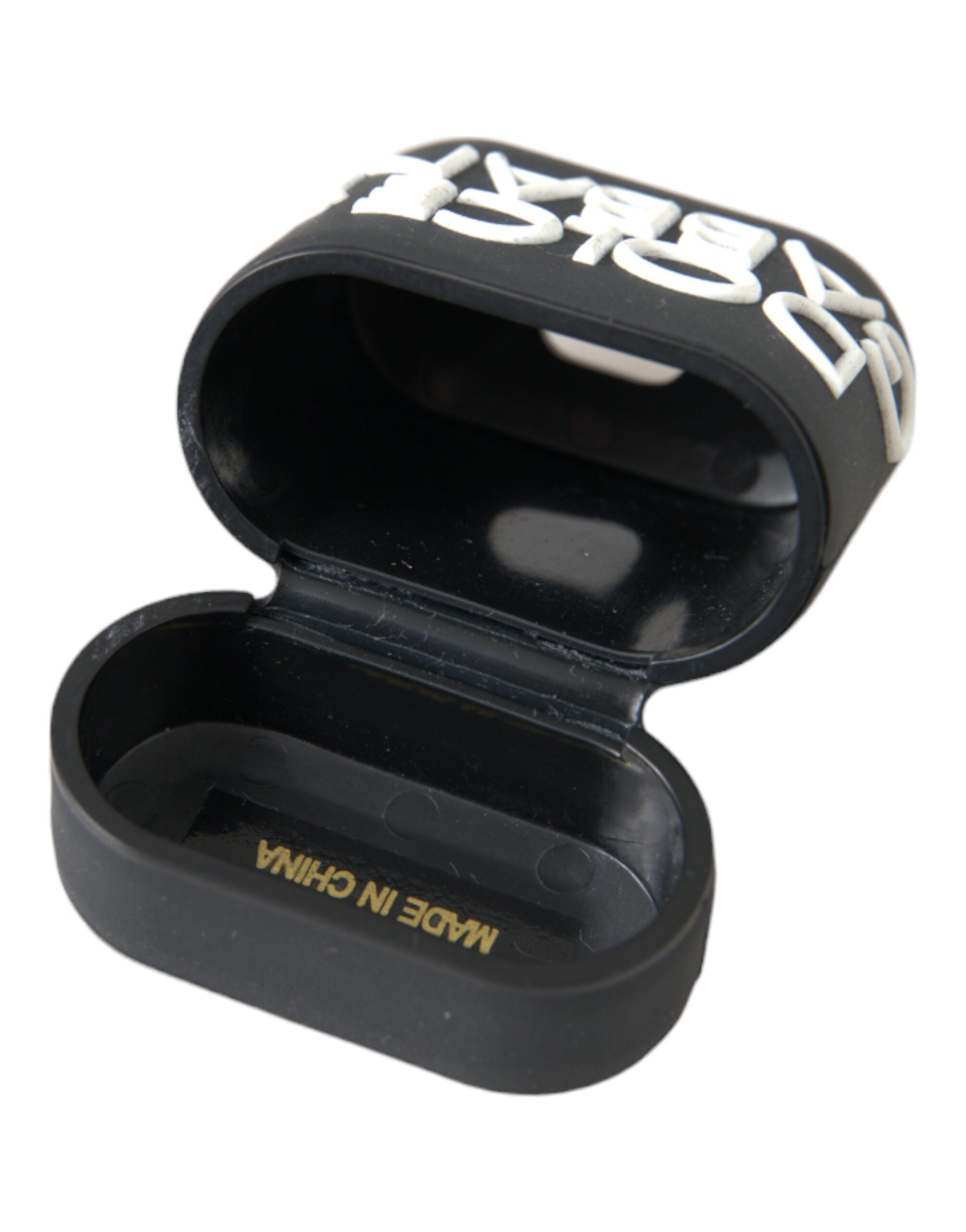 Black and white silicone AirPods case with embossed Dolce & Gabbana logo, designed to protect and stylishly personalize AirPods.