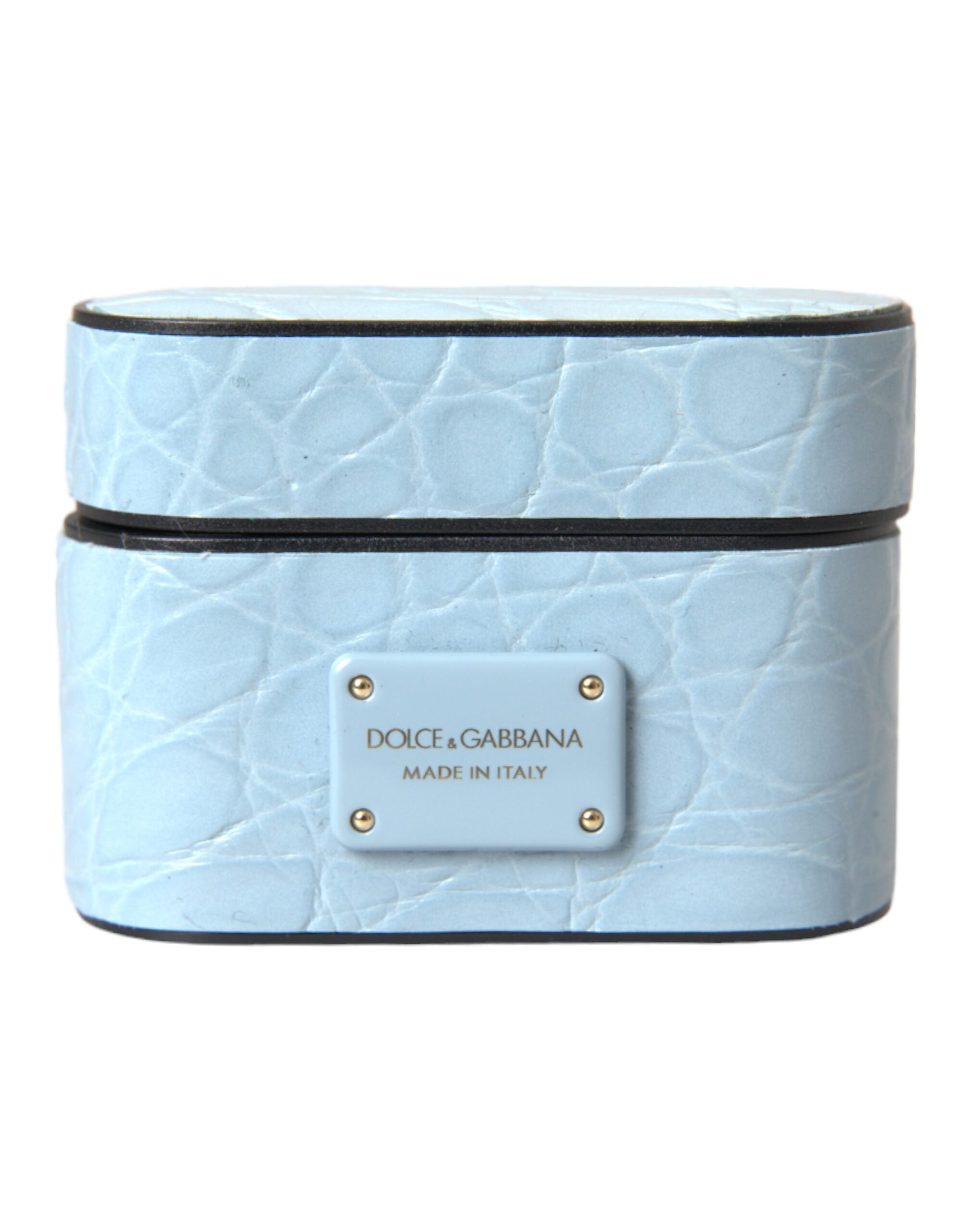 Light blue leather AirPods case with metal logo plaque by Dolce & Gabbana, showing a close-up of the case's textured surface.
