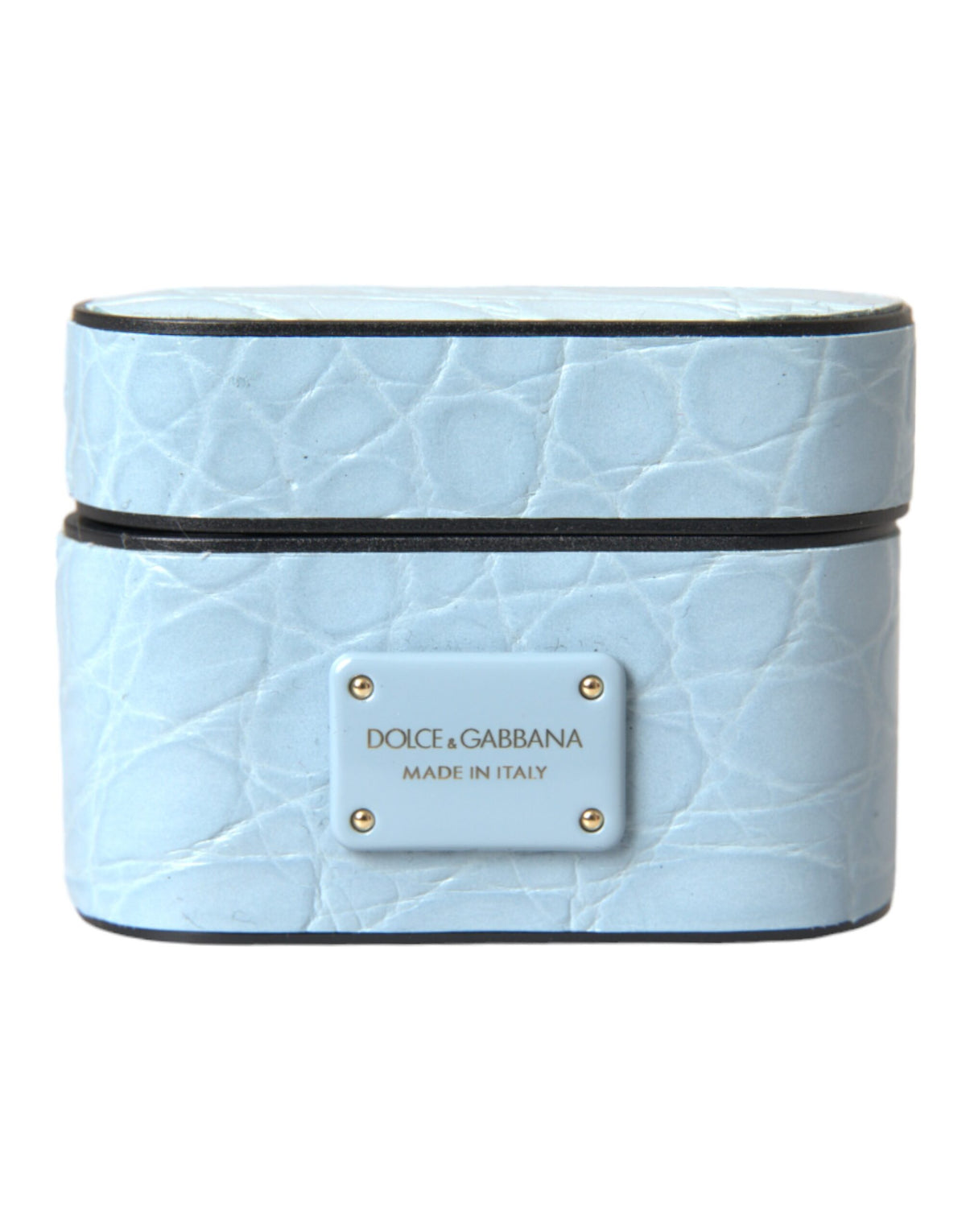 Light blue leather AirPods case with metal logo plaque by Dolce & Gabbana, featuring a sleek, stylish design.