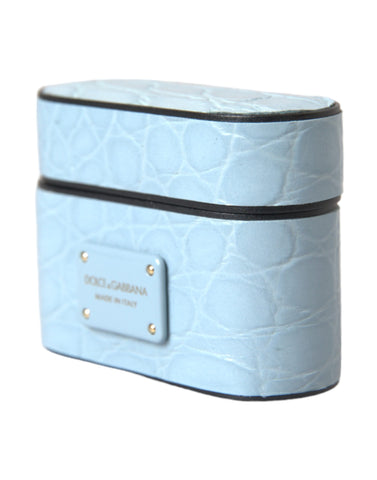 Light blue leather AirPods case with metal logo plaque by Dolce & Gabbana, featuring a sleek and stylish design.