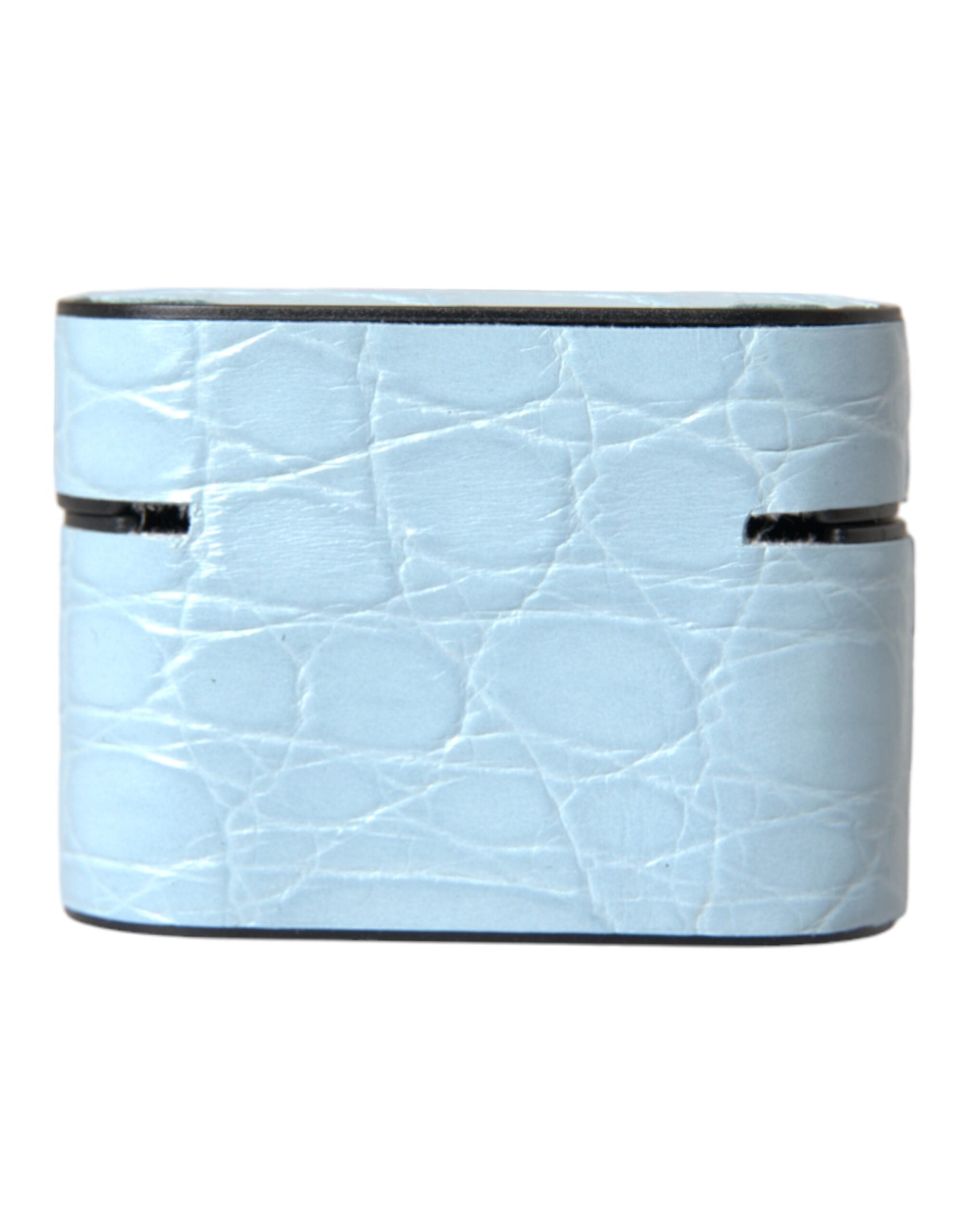 Light blue leather AirPods case with metal logo plaque by Dolce & Gabbana, featuring a sleek, stylish protective cover.