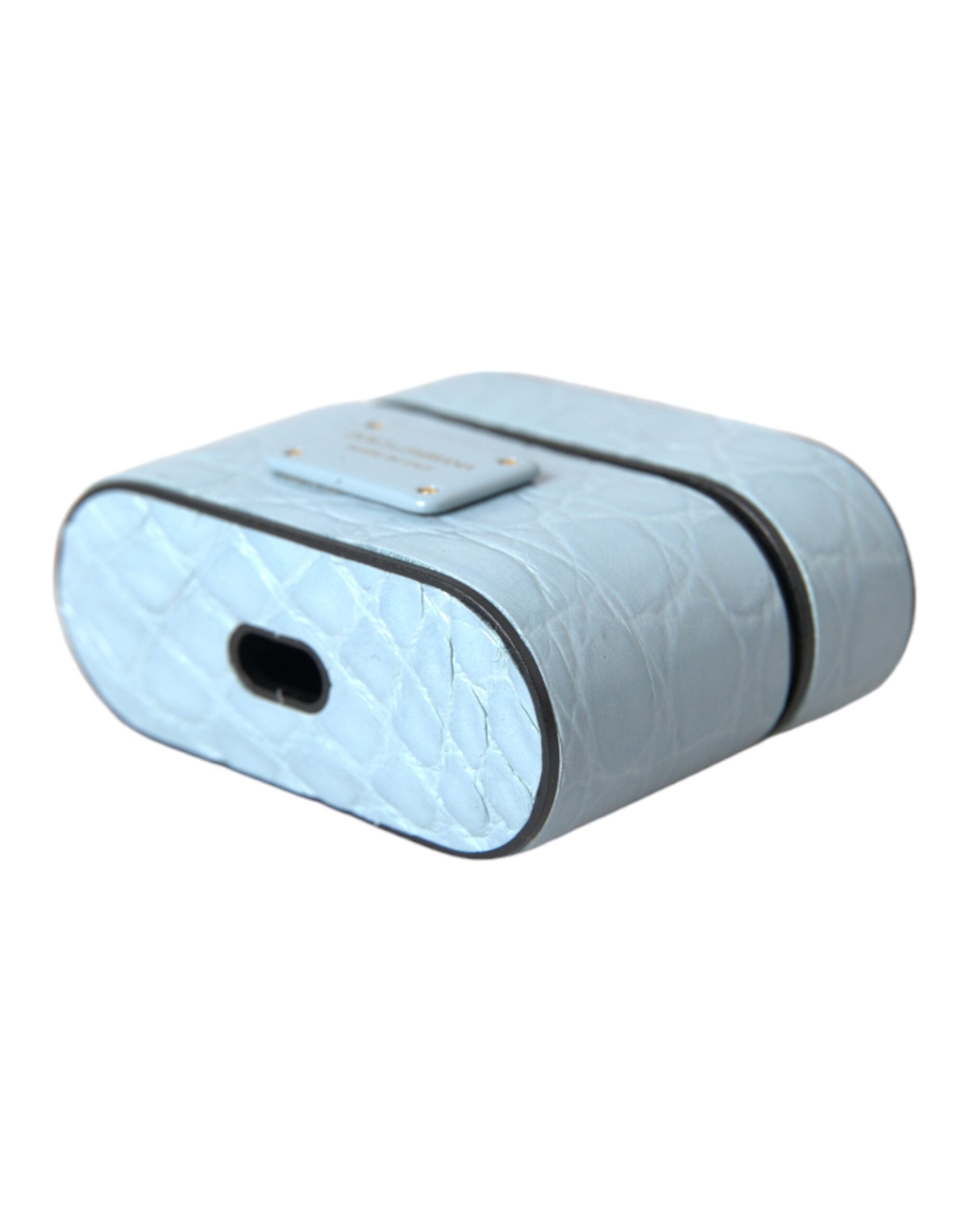 Light blue leather AirPods case with metal logo plaque by Dolce & Gabbana, featuring smooth texture and sleek design.