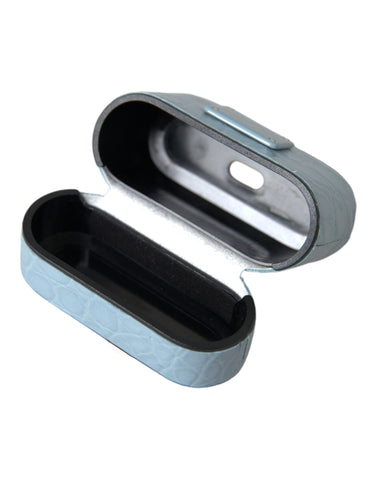 Light blue leather AirPods case with metal logo plaque by Dolce & Gabbana, featuring a sleek, stylish design.