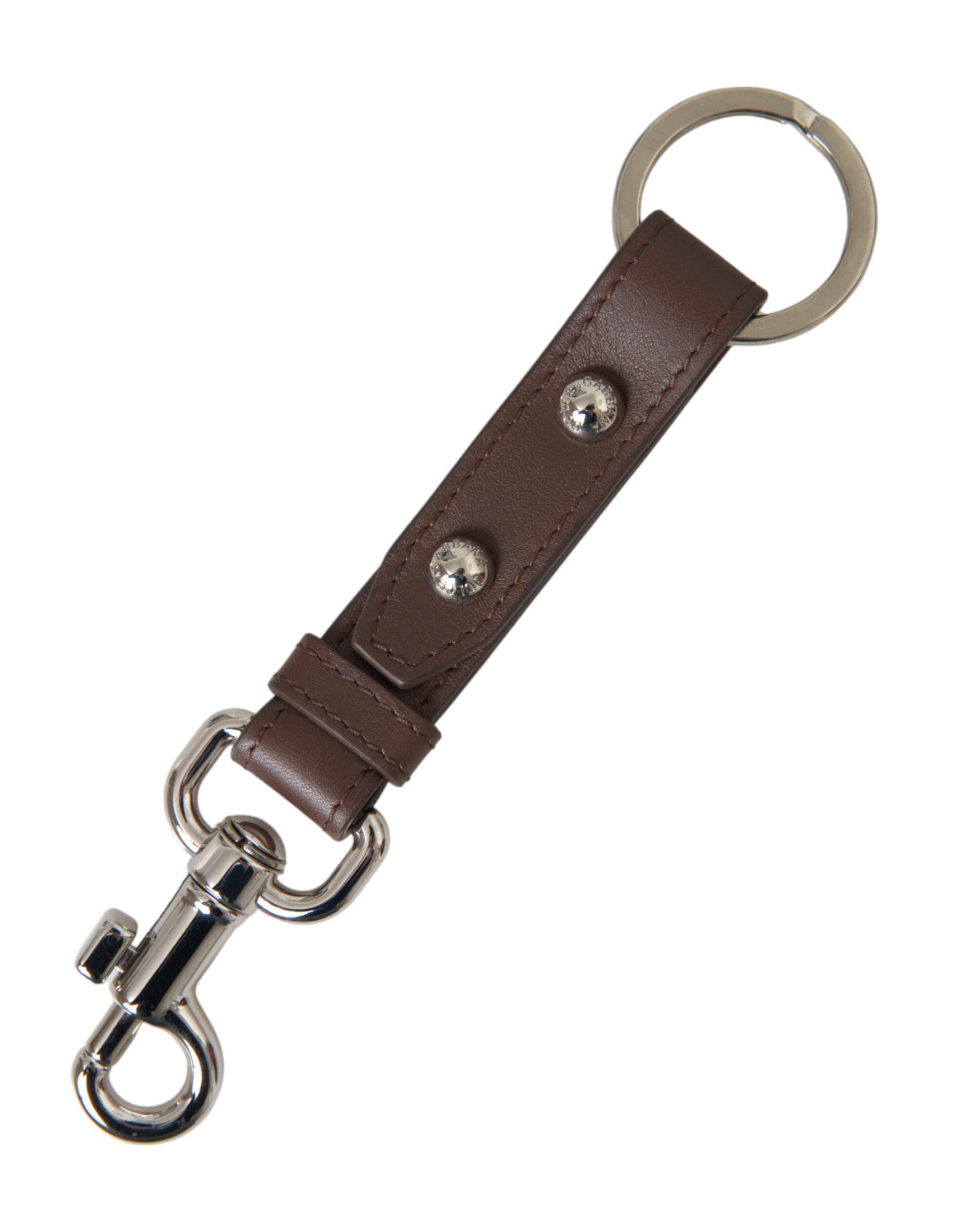 Brown plain leather keyring holder with silver brass keychain from Dolce & Gabbana, showcasing its sleek design and high-quality material.