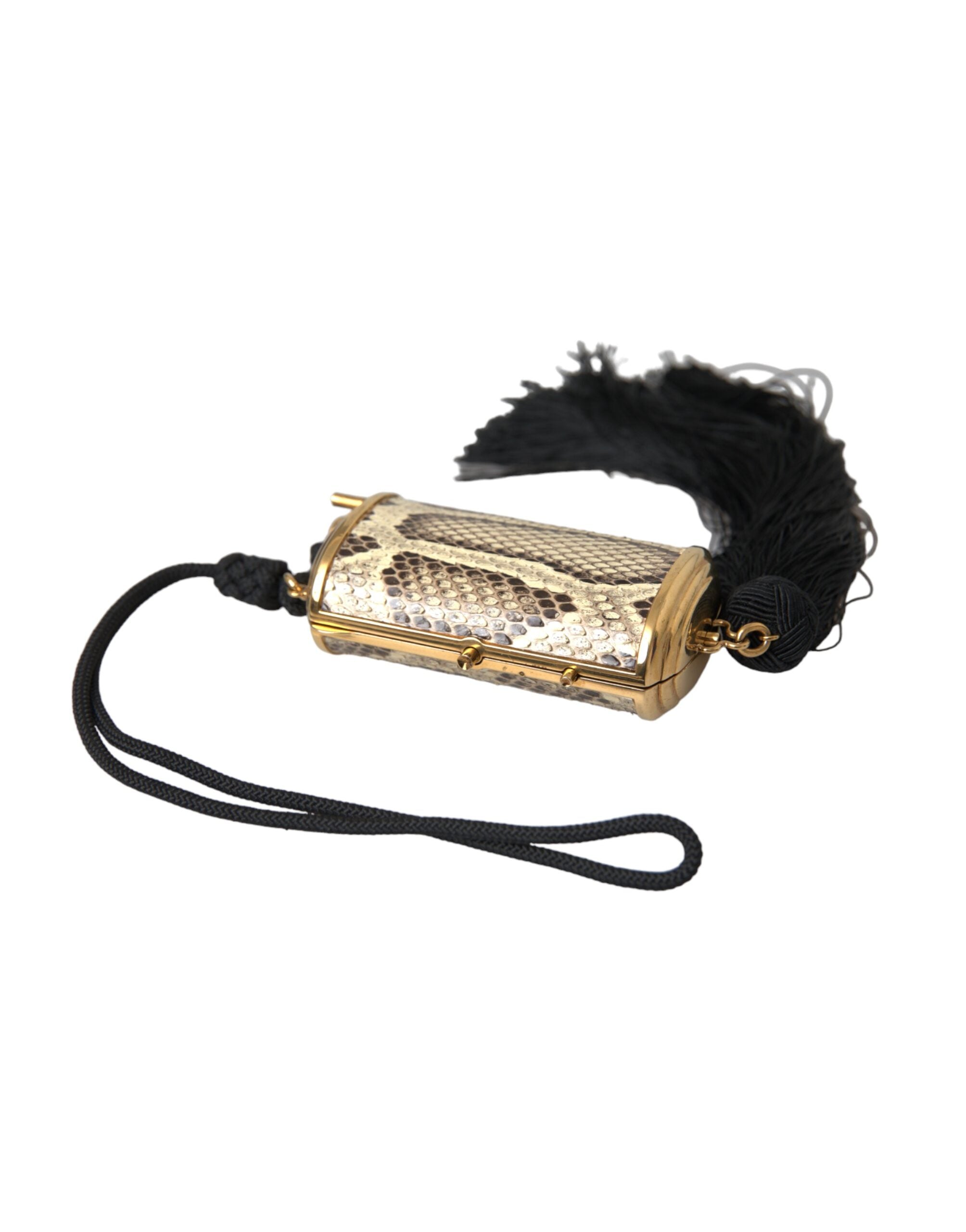 Beige exotic leather mini mirror tassel makeup holder bag by Dolce & Gabbana, featuring a compact design with decorative tassels.