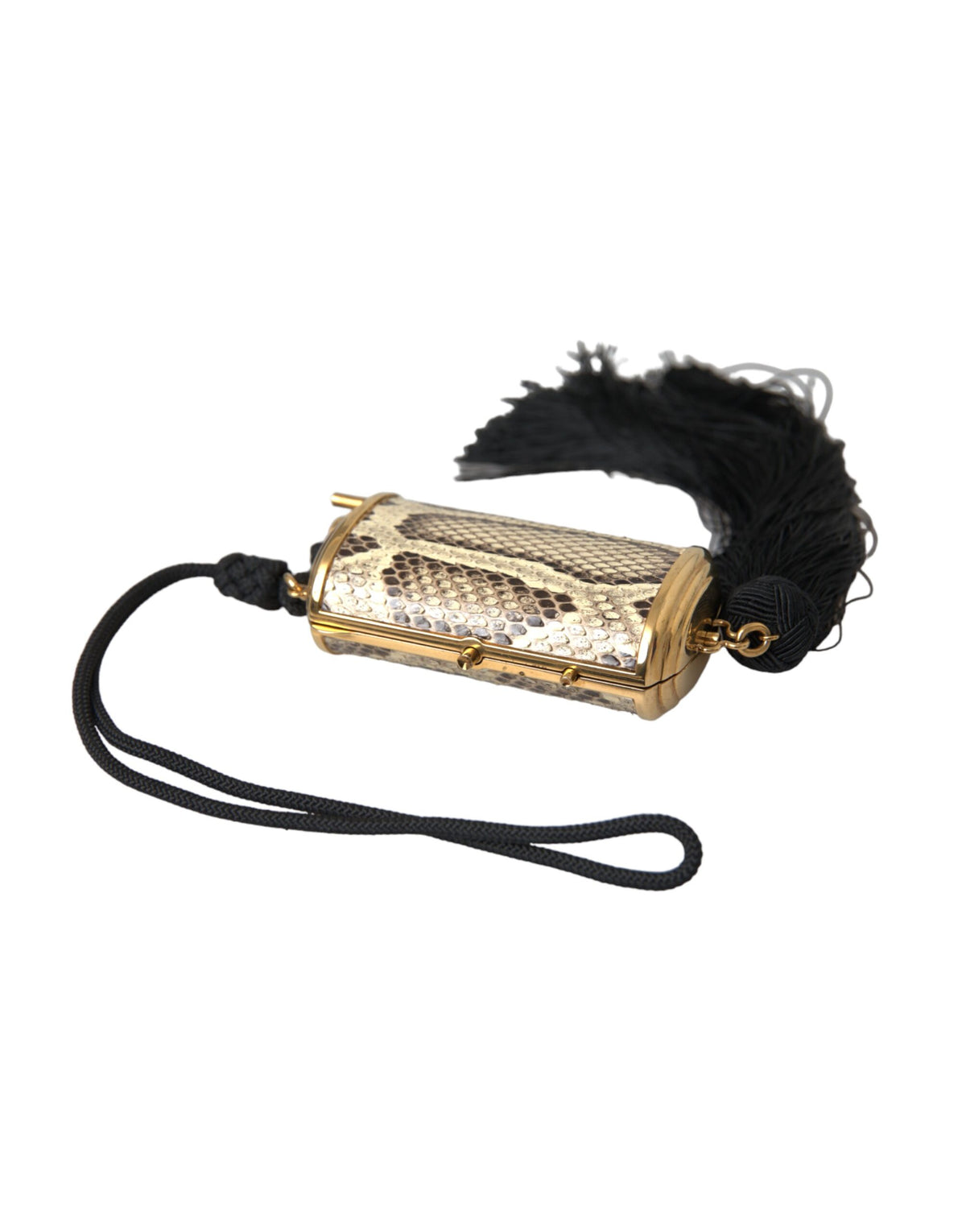 Beige exotic leather mini mirror tassel makeup holder bag by Dolce & Gabbana, featuring a compact design with decorative tassels.