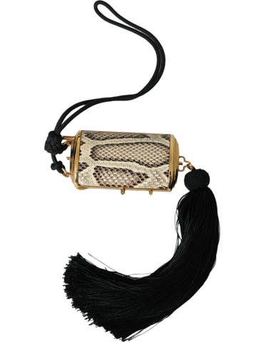 Beige exotic leather mini mirror tassel makeup holder bag by Dolce & Gabbana, featuring a compact design with decorative tassels.