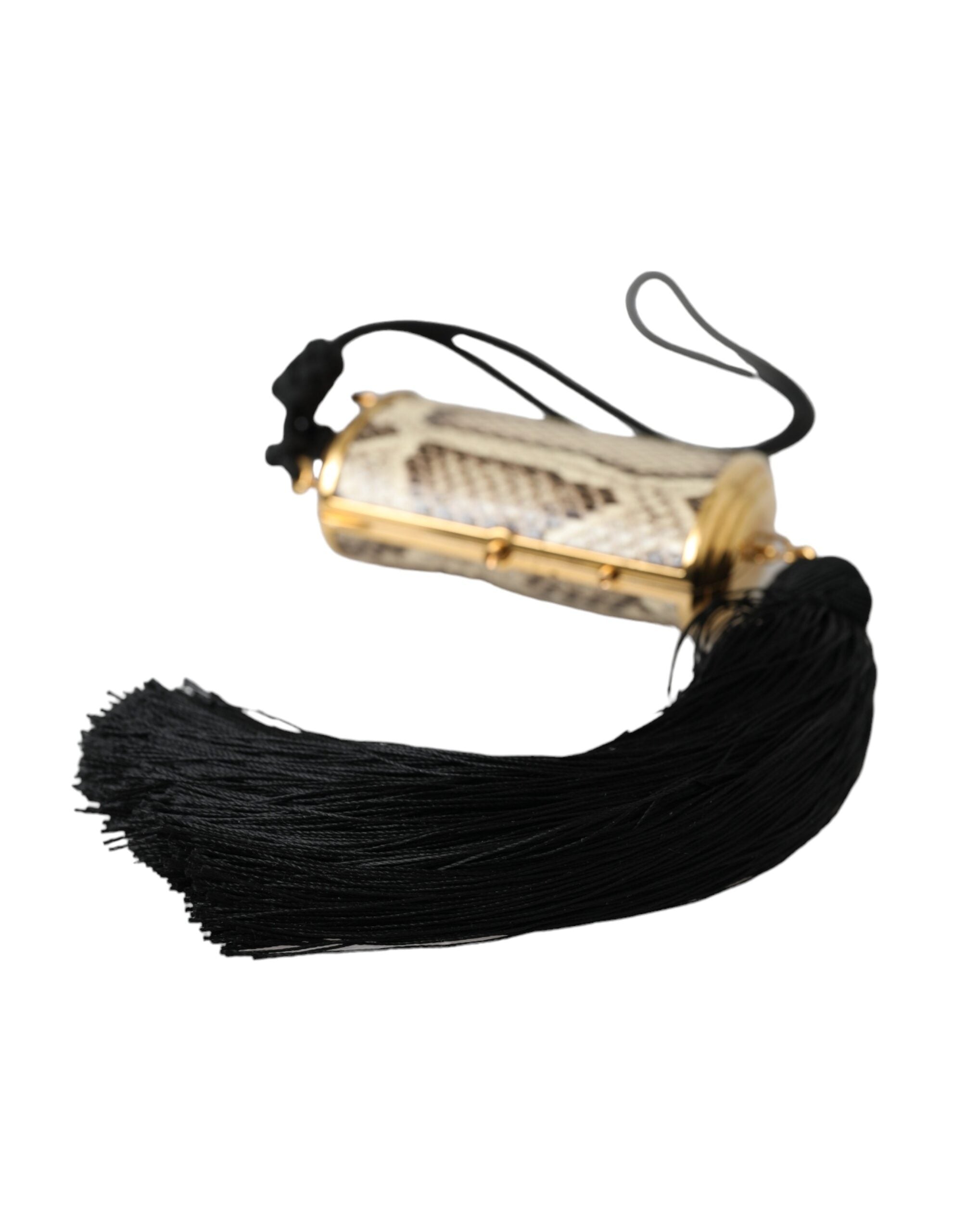 Beige exotic leather mini mirror tassel makeup holder bag by Dolce & Gabbana with gold-tone hardware and decorative tassel details.