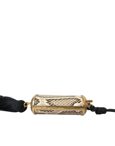 Beige exotic leather mini mirror tassel make-up holder bag by Dolce & Gabbana with a compact design and decorative tassel.