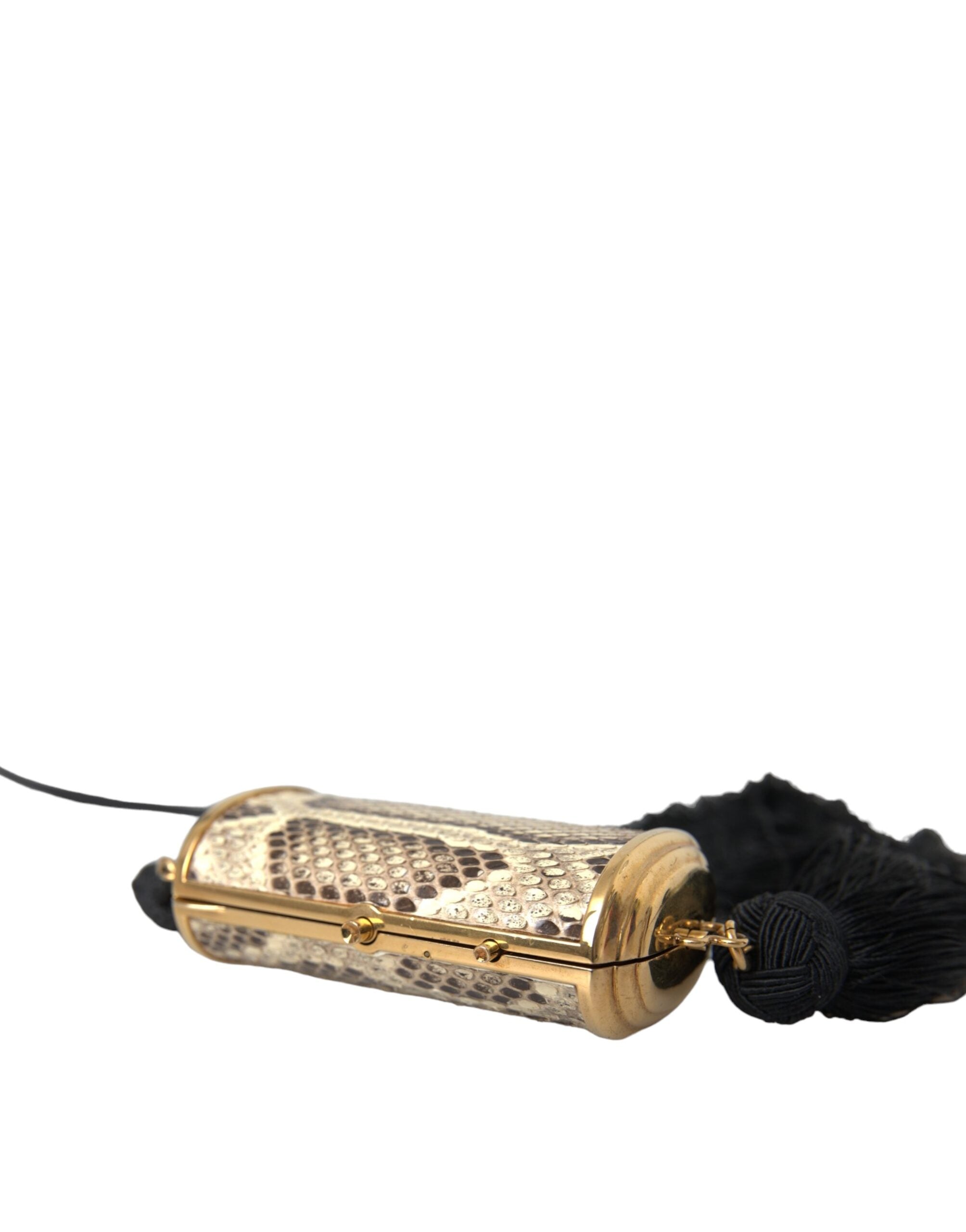 Beige exotic leather mini mirror tassel makeup holder bag by Dolce & Gabbana, featuring a compact design with tassel accents.