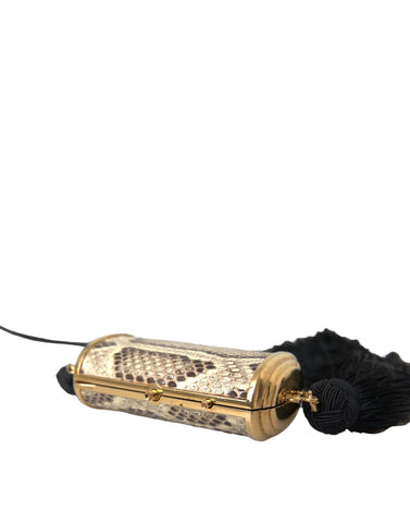 Beige exotic leather mini mirror tassel makeup holder bag by Dolce & Gabbana, featuring a compact design with tassel accents.