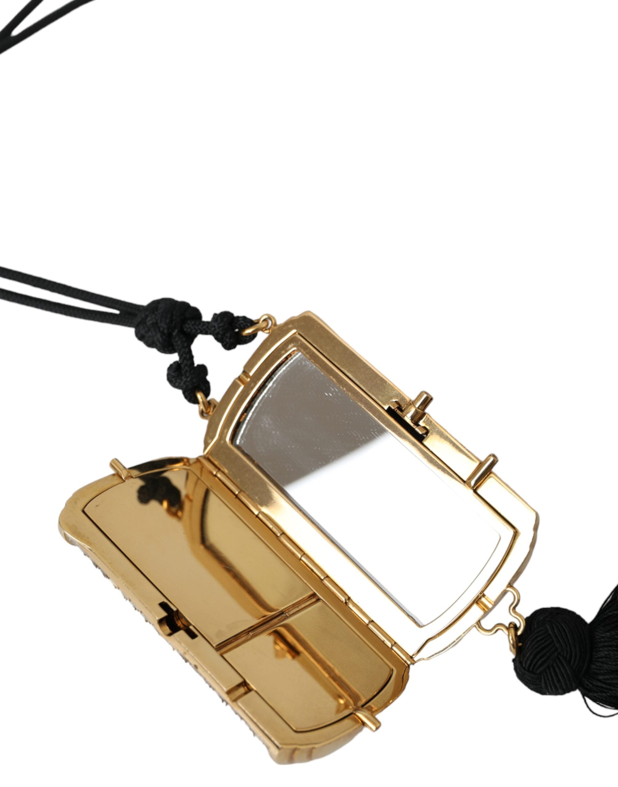 Beige exotic leather mini mirror tassel makeup holder bag by Dolce & Gabbana with gold-tone hardware and tassel accent.