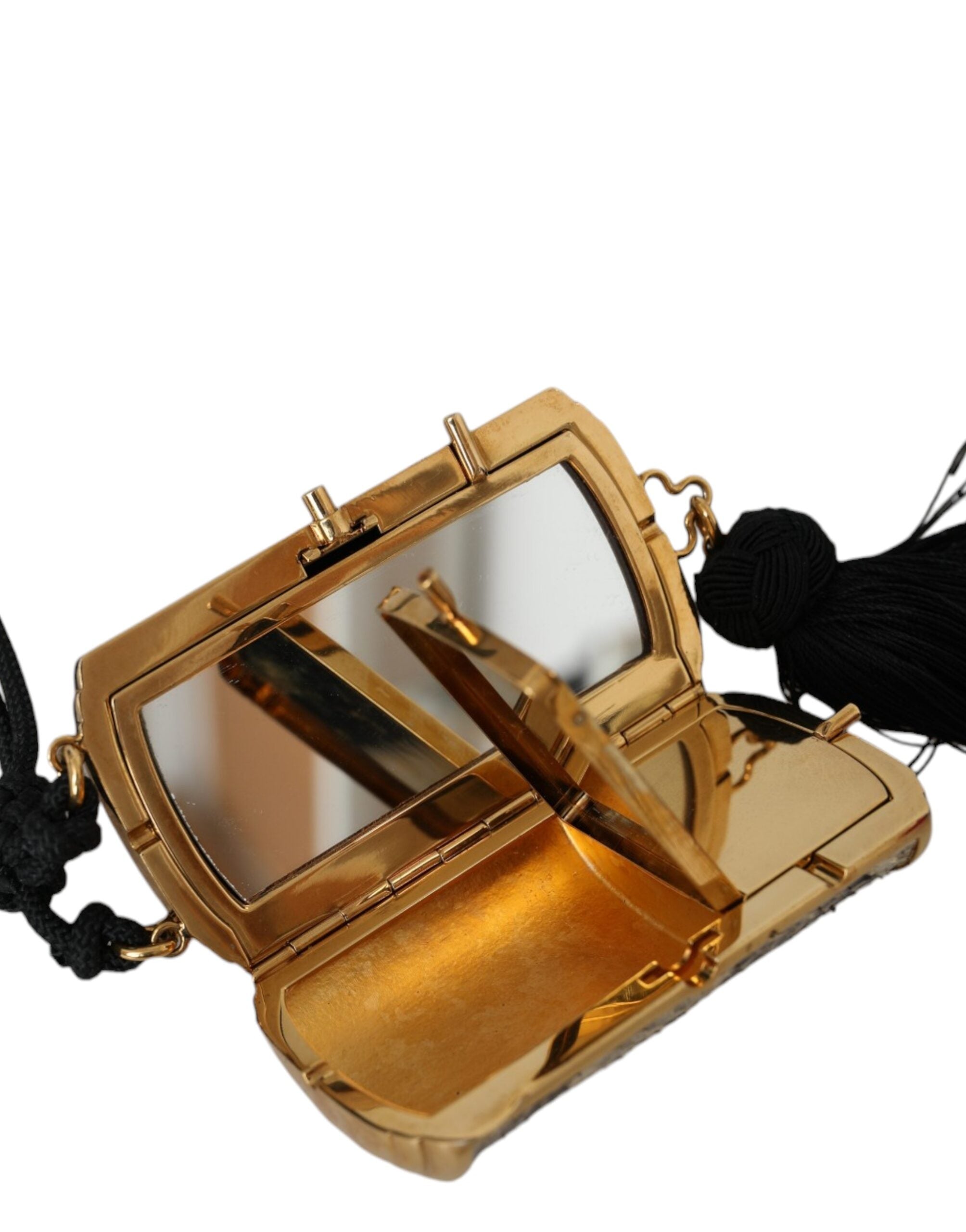 Beige exotic leather mini mirror tassel makeup holder bag by Dolce & Gabbana, featuring a compact design with decorative tassels.