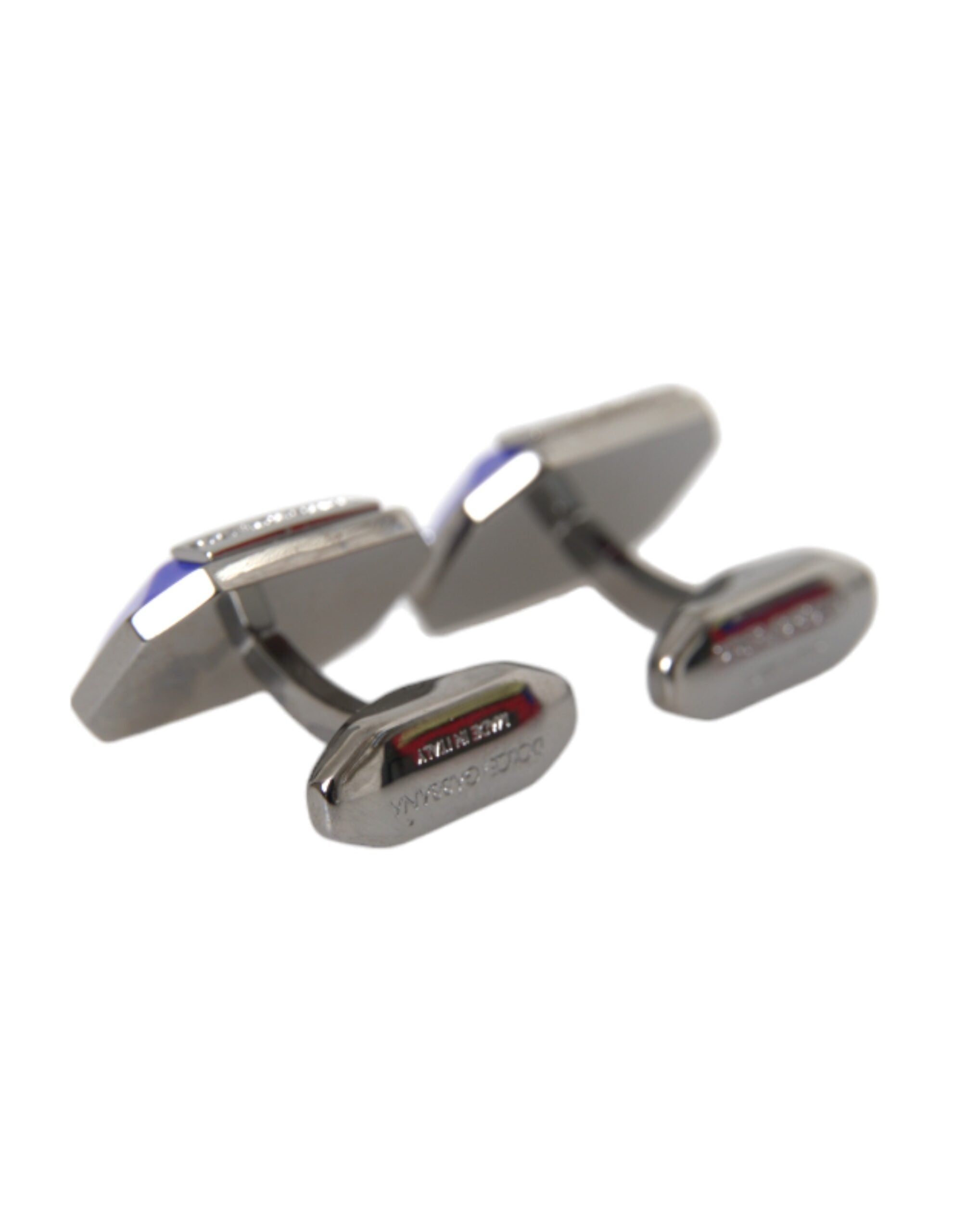 Silver plated brass cufflinks with crystal accents, stylish and elegant accessory by Dolce & Gabbana.