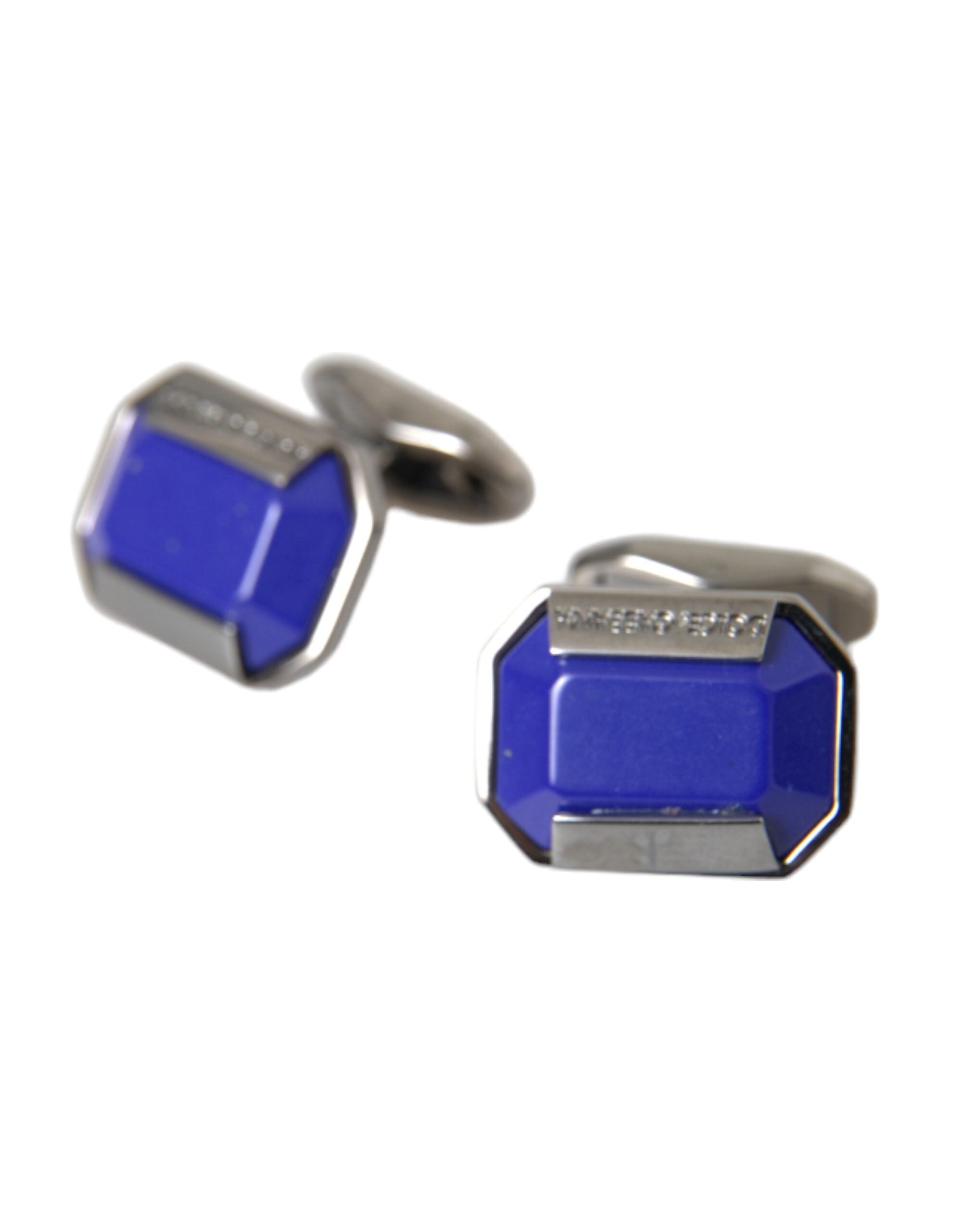 Silver plated brass pin and crystal cufflinks by Dolce & Gabbana featuring shiny metallic finish and sparkling crystal accents.