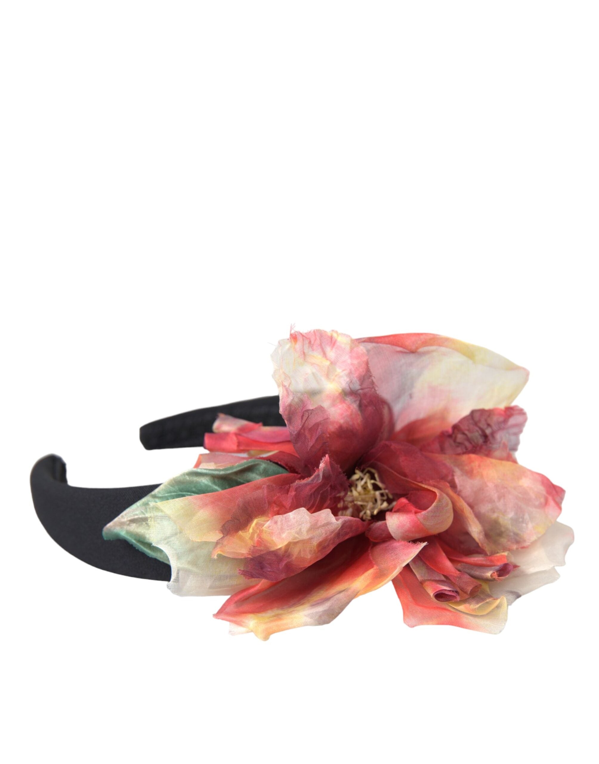 Rose pink silk floral tiara with black diadem, elegant Dolce & Gabbana women’s hairband and headband accessory.