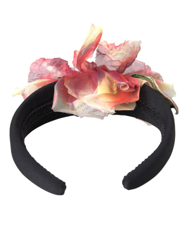 Rose pink silk floral tiara by Dolce & Gabbana featuring black diadem and elegant women’s hairband.