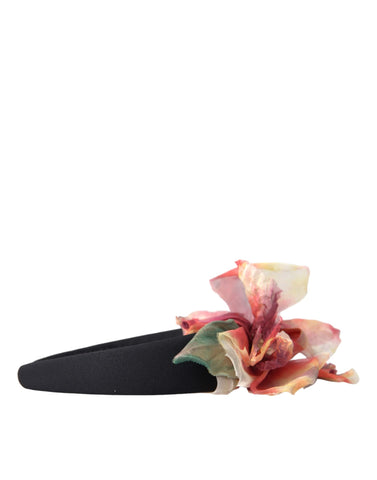 Rose pink silk floral black tiara hairband by Dolce & Gabbana with intricate floral design and elegant diadem style for women.