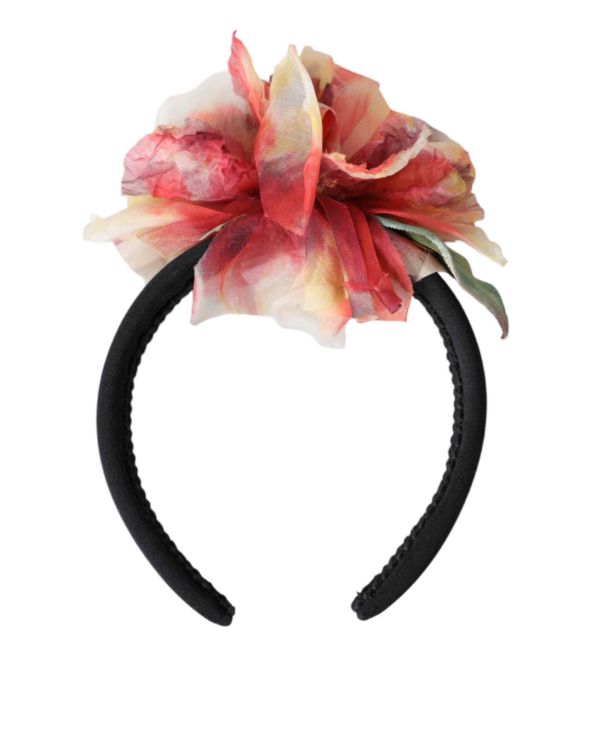 Rose pink silk floral tiara hairband with black diadem and decorative accents, designed for women by Dolce & Gabbana
