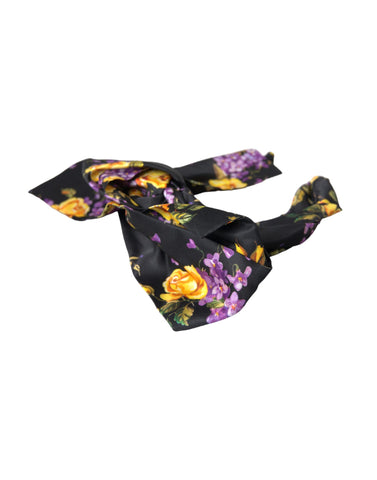 Black floral applique silk women’s headband with diadem style, designed by Dolce & Gabbana, featuring intricate floral details.