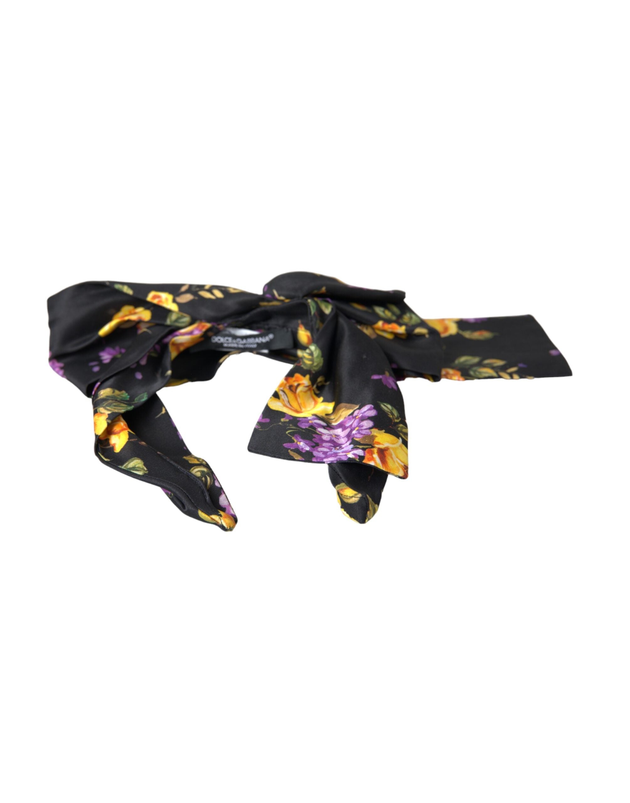 Black floral applique silk women’s headband with elegant diadem design by Dolce & Gabbana, featuring intricate floral details.