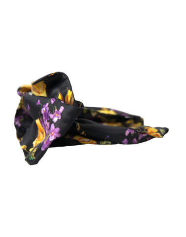Black floral applique silk women headband with diadem design by Dolce & Gabbana, featuring intricate floral details and elegant style.