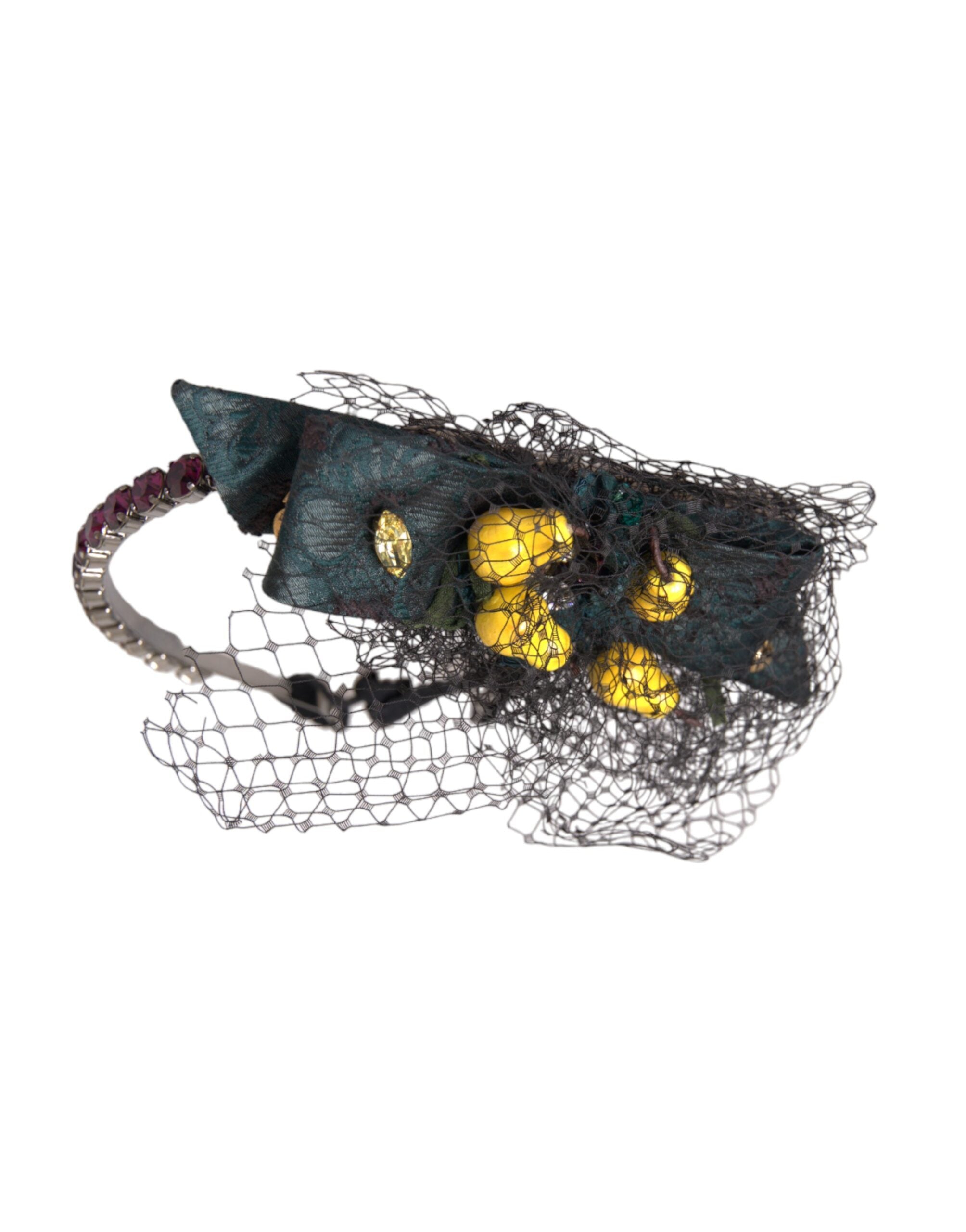 Black Lemons Sicily purple crystal net headband by Dolce & Gabbana featuring intricate net design and decorative purple crystals.