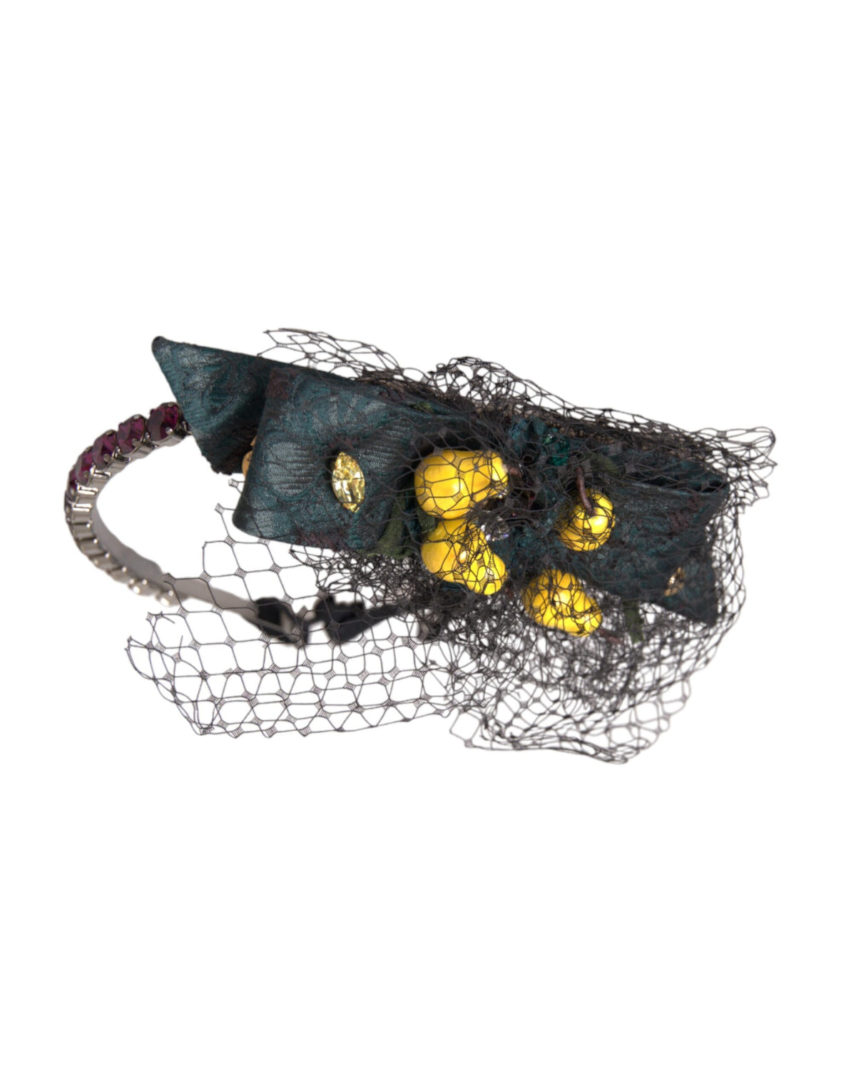 Black Lemons Sicily purple crystal net headband by Dolce & Gabbana featuring intricate net design and decorative purple crystals.