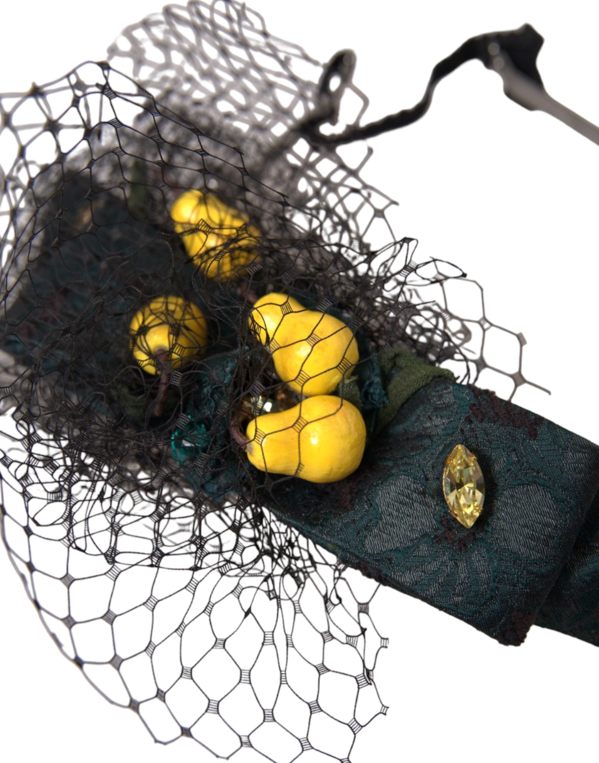 Black lemons Sicily purple crystal net headband diadem by Dolce & Gabbana with intricate net design and purple crystal accents.