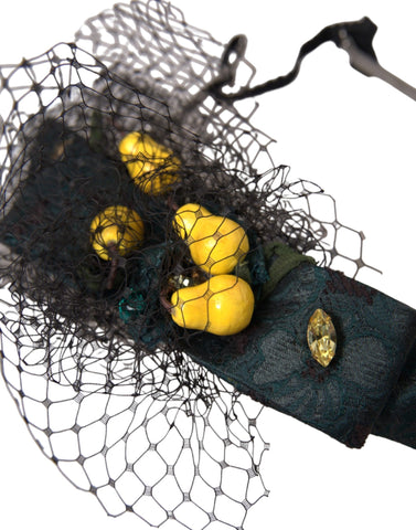 Black lemons Sicily purple crystal net headband diadem by Dolce & Gabbana with intricate net design and purple crystal accents.