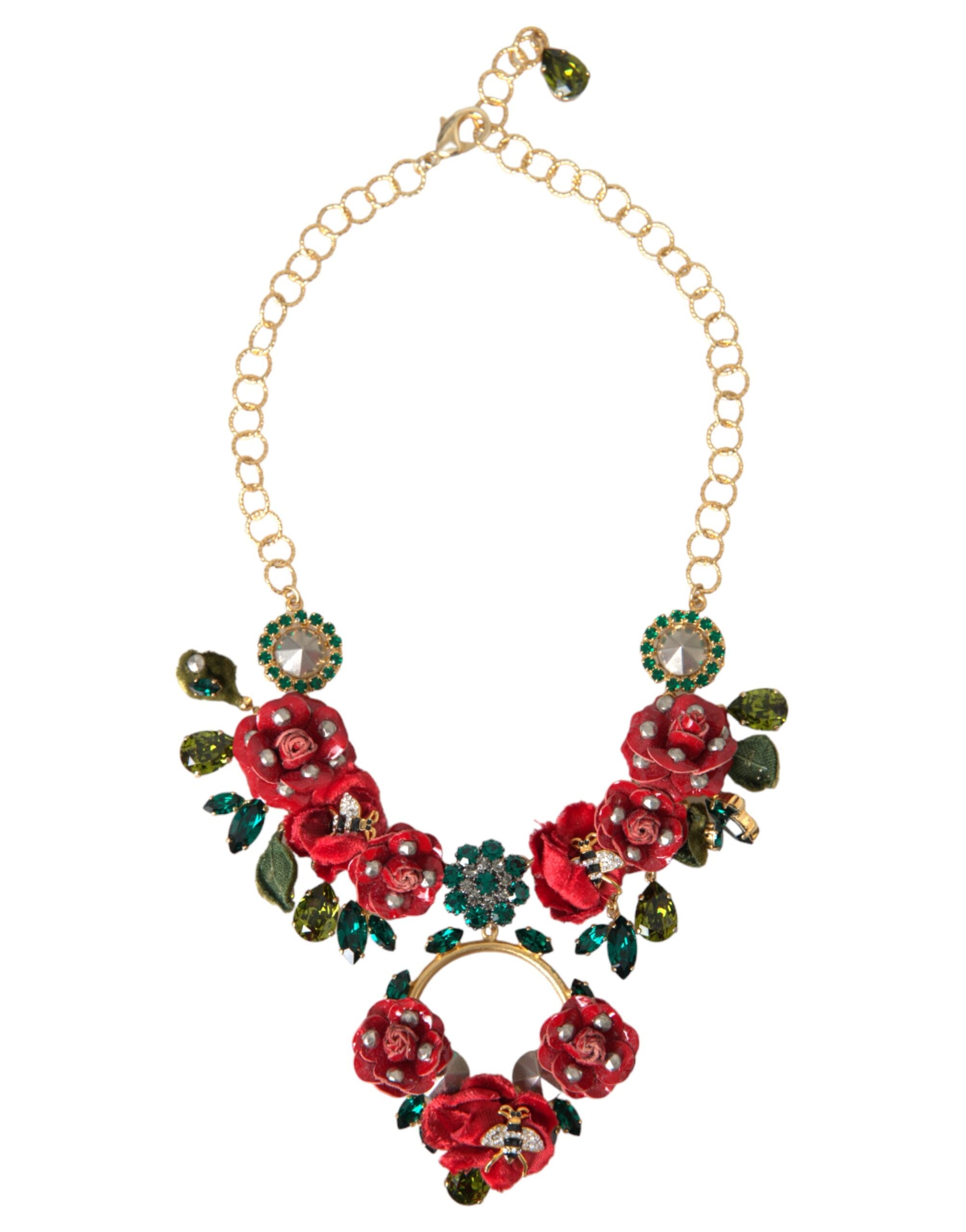 Gold brass link chain necklace with rose petal crystal pendant, elegant Dolce & Gabbana jewelry accessory.