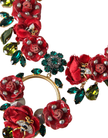 Gold brass link chain necklace with rose petal crystal pendant, Dolce & Gabbana jewelry, elegant and detailed accessory.