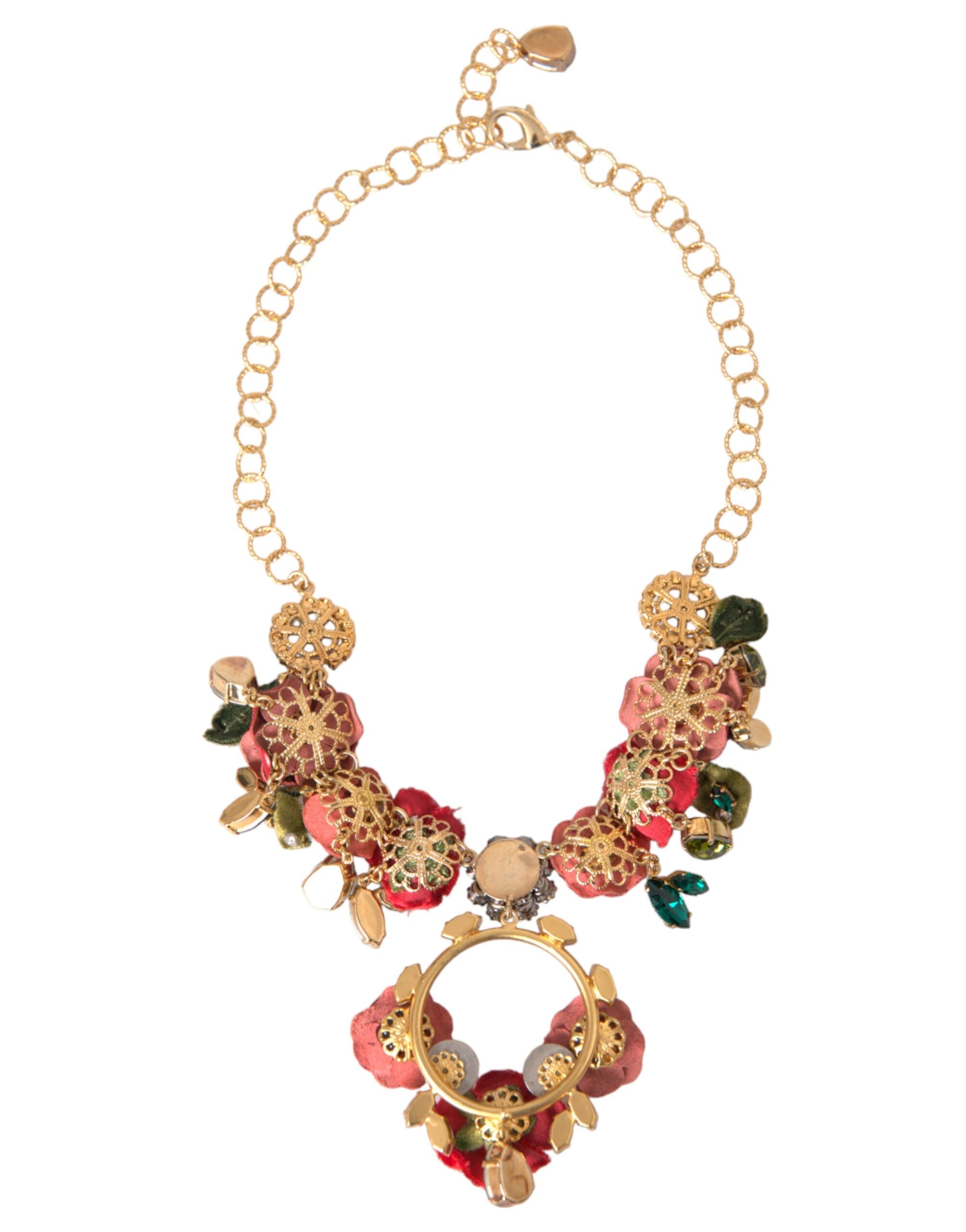 Gold brass link chain necklace with rose petal crystal pendant, Dolce & Gabbana jewelry accessory.