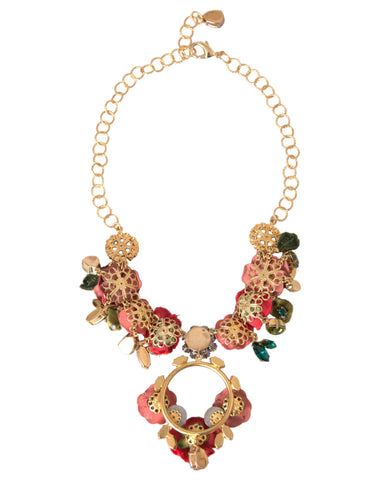 Gold brass link chain necklace with rose petal crystal pendant, Dolce & Gabbana jewelry accessory.