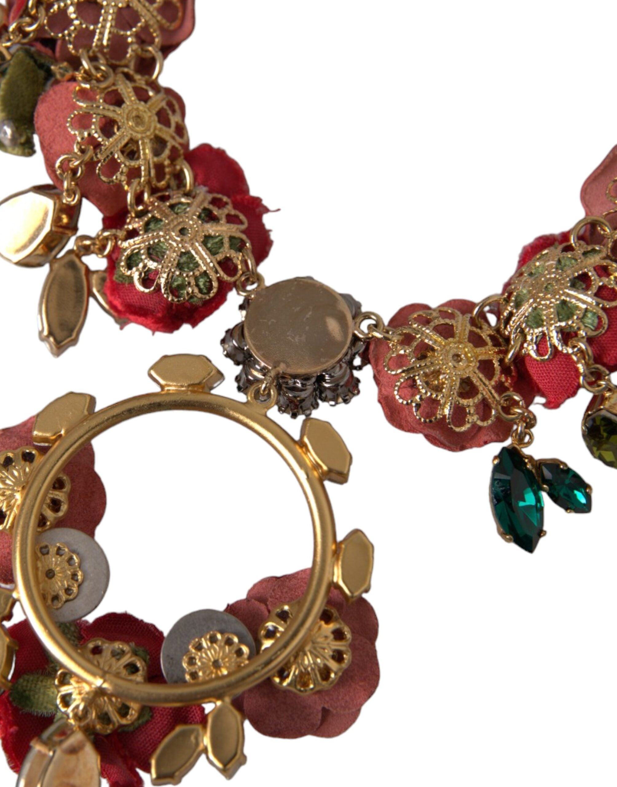 Gold brass link chain necklace with rose petal crystal pendant by Dolce & Gabbana, featuring intricate floral design and elegant craftsmanship.
