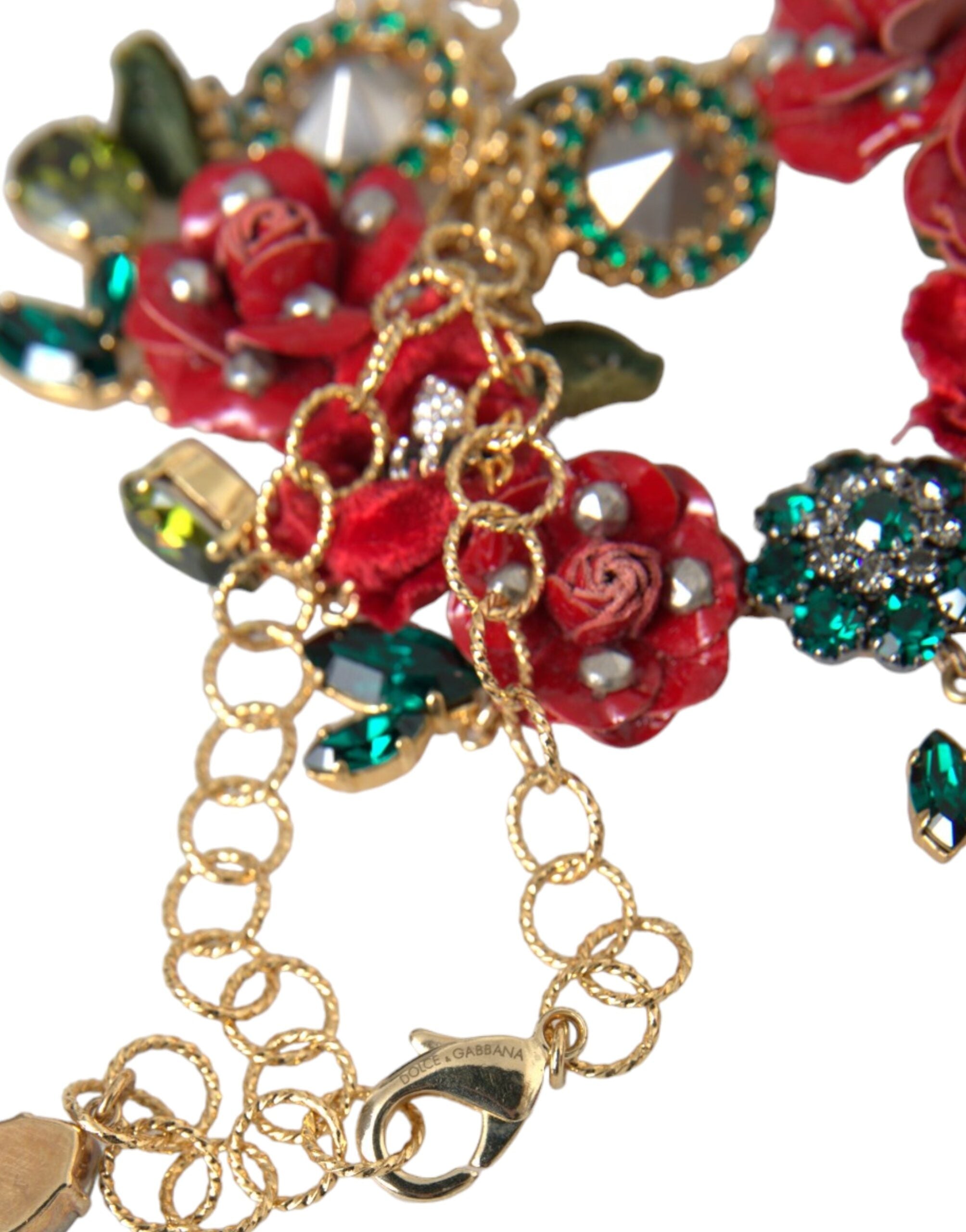 Gold brass link chain necklace with rose petal crystal pendant, Dolce & Gabbana jewelry accessory.
