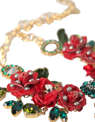Gold brass link chain necklace with rose petal crystal pendant, elegant Dolce & Gabbana jewelry accessory.