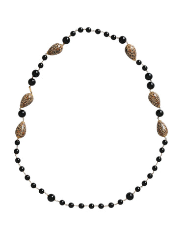 Gold tone brass long chain necklace with black printed beaded design from Dolce & Gabbana.