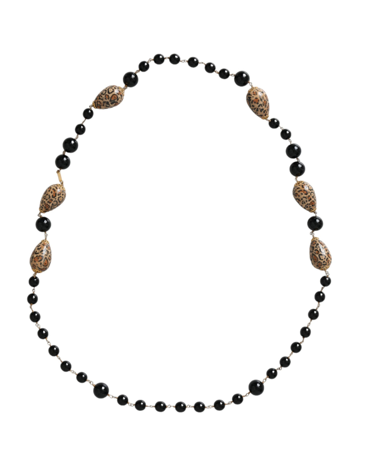 Gold tone brass long chain necklace with black printed beads from Dolce & Gabbana, featuring a stylish and elegant design.