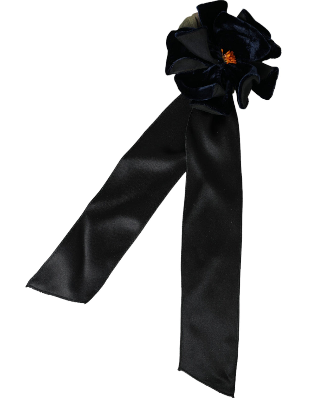 Black silk floral hair pin brooch with gold brass accents by Dolce & Gabbana, featuring intricate floral design and elegant craftsmanship.