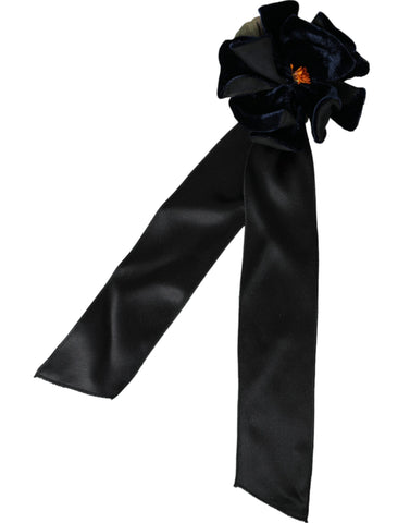 Black silk floral hair pin brooch with gold brass accents by Dolce & Gabbana, featuring intricate floral design and elegant craftsmanship.