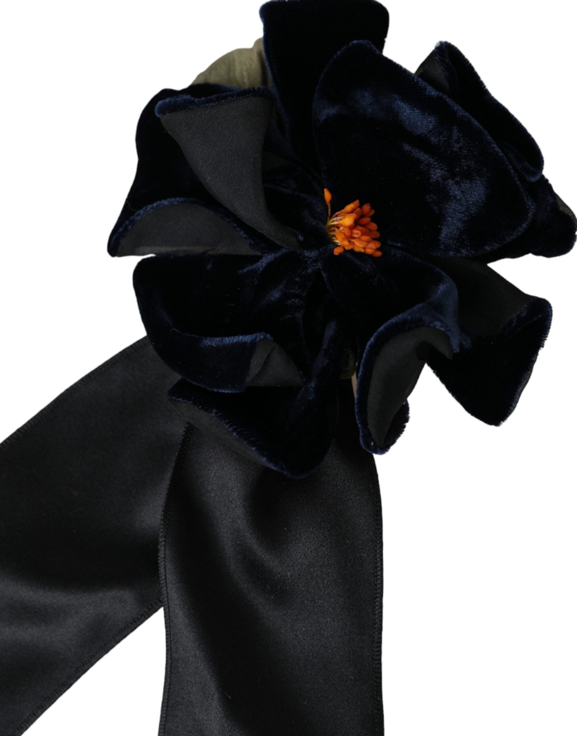 Black silk floral hair pin brooch with gold brass accents, designed by Dolce & Gabbana, featuring intricate floral detailing.