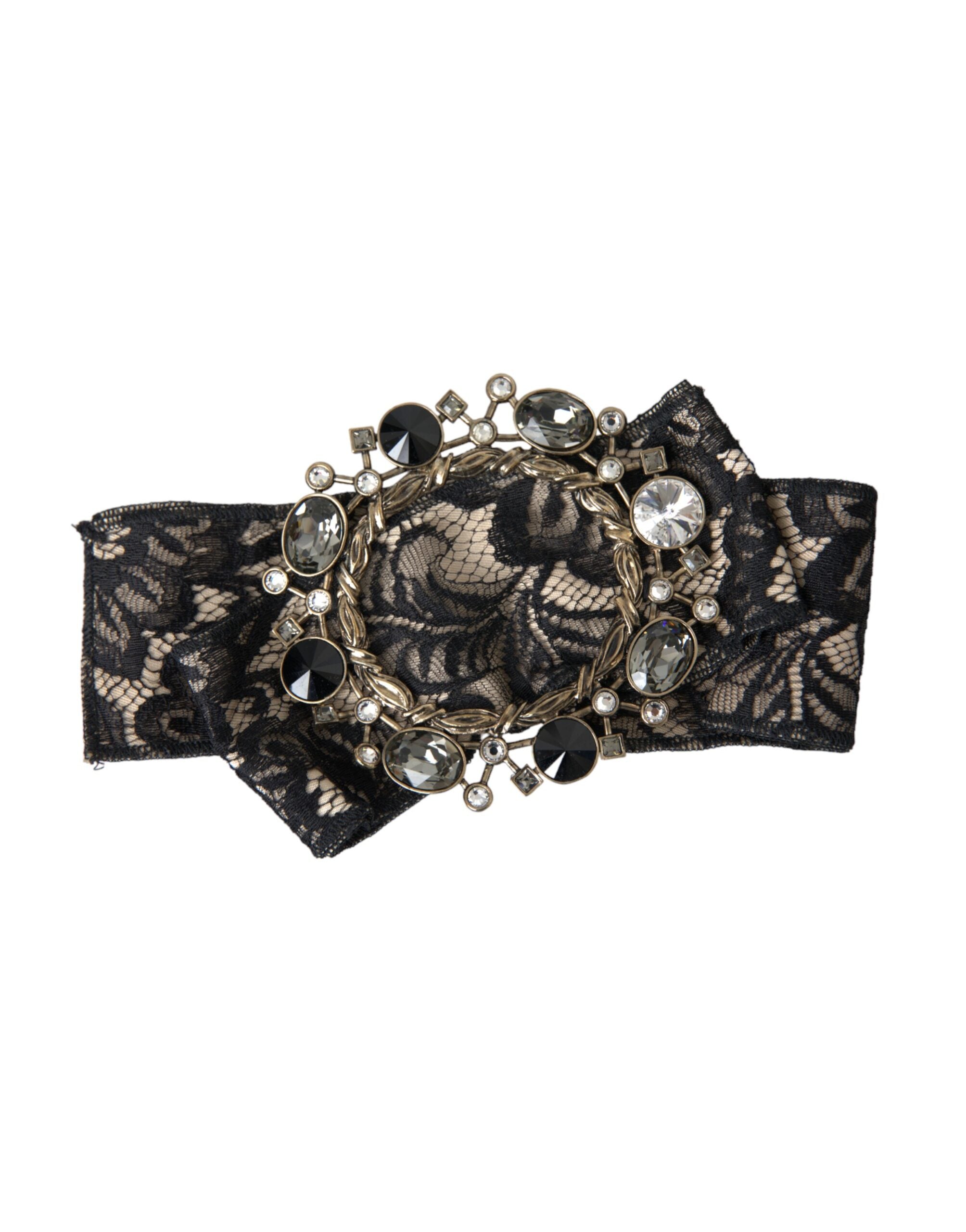 Black lace crystal handmade brooch hair pin by Dolce & Gabbana with intricate lace and sparkling crystal embellishments.
