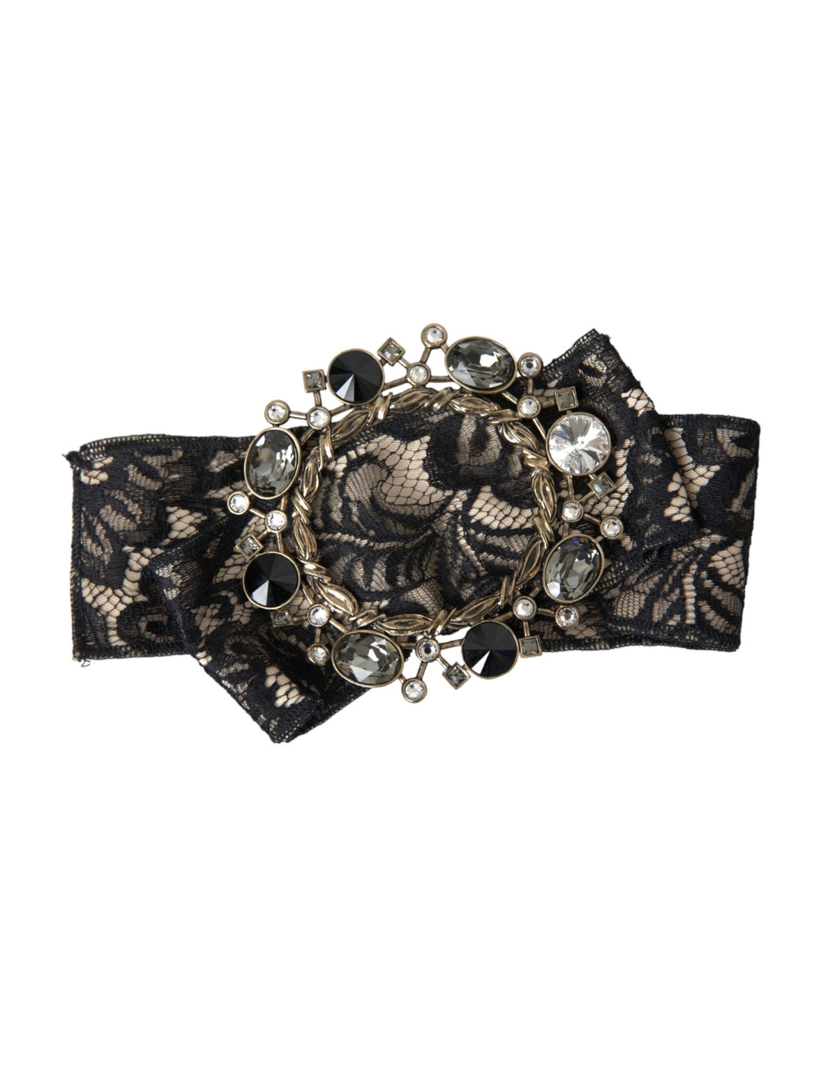 Black lace crystal handmade brooch hair pin by Dolce & Gabbana with intricate lace and sparkling crystal embellishments.