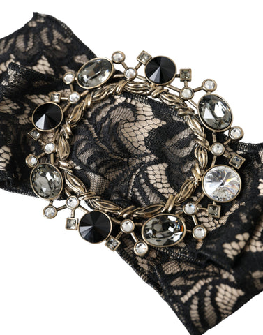 Black lace and crystal handmade brooch hair pin by Dolce & Gabbana featuring intricate lace details and sparkling crystal accents