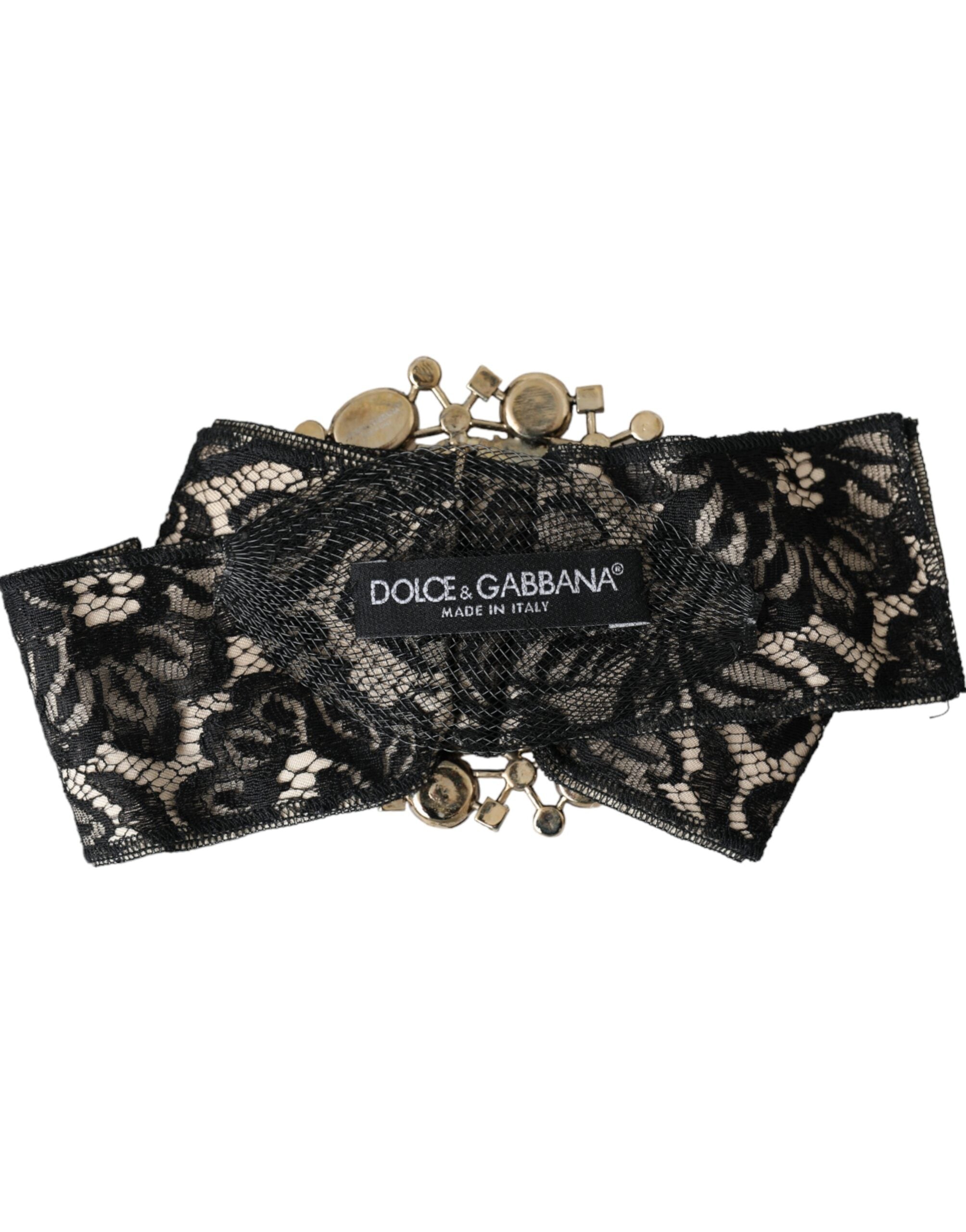 Black lace crystal handmade brooch hair pin by Dolce & Gabbana with intricate lace and sparkling crystals, ideal for elegant hairstyles.