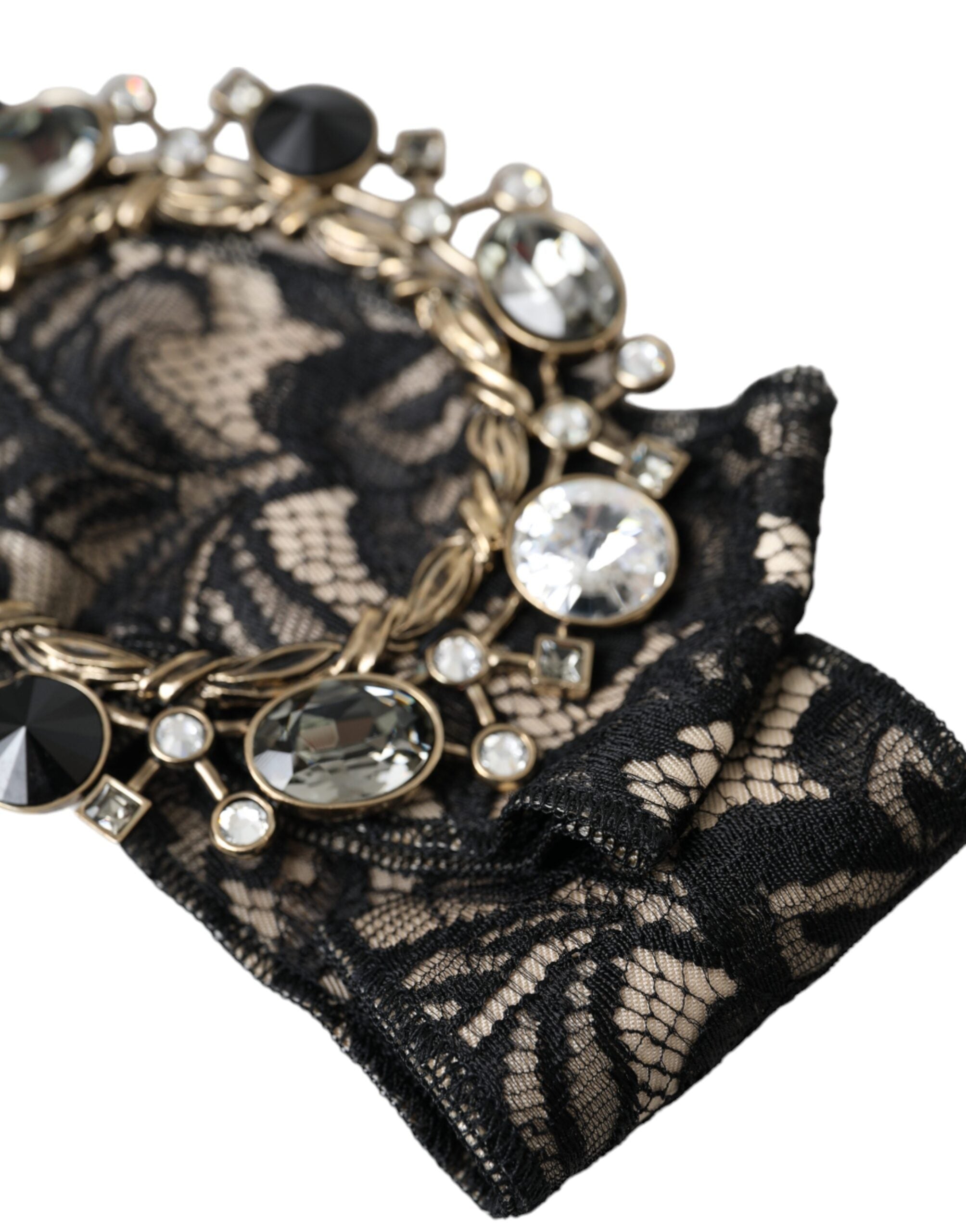 Black lace crystal handmade brooch hair pin by Dolce & Gabbana with intricate lace and sparkling crystals, designed for elegant styling.