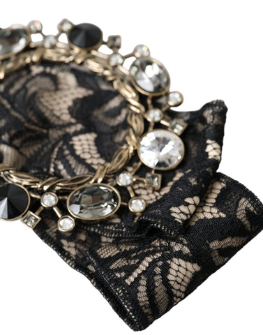 Black lace crystal handmade brooch hair pin by Dolce & Gabbana with intricate lace and sparkling crystals, designed for elegant styling.