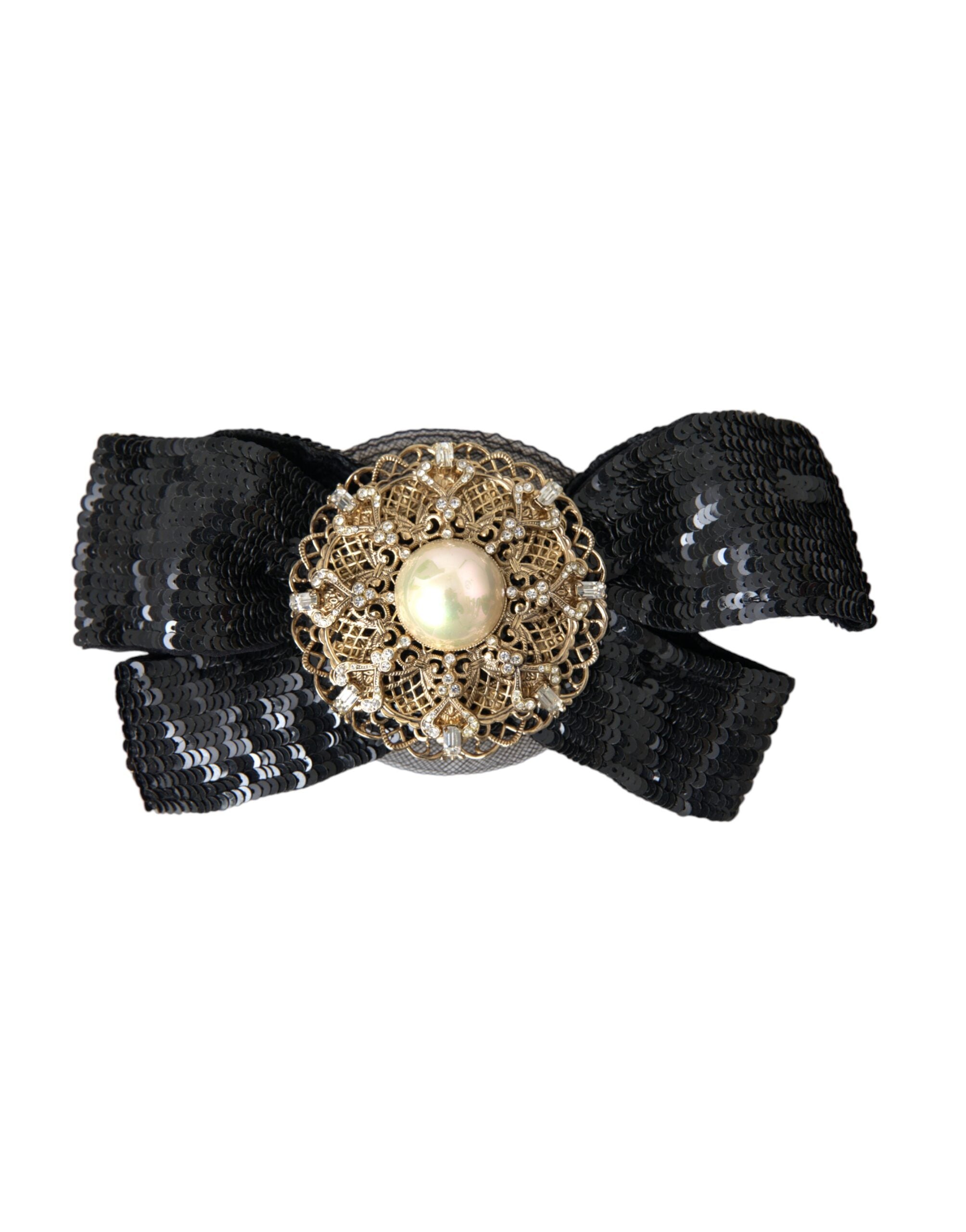 Black sequin pearl handmade brooch hair pin by Dolce & Gabbana with shimmering sequins and elegant pearl accents.