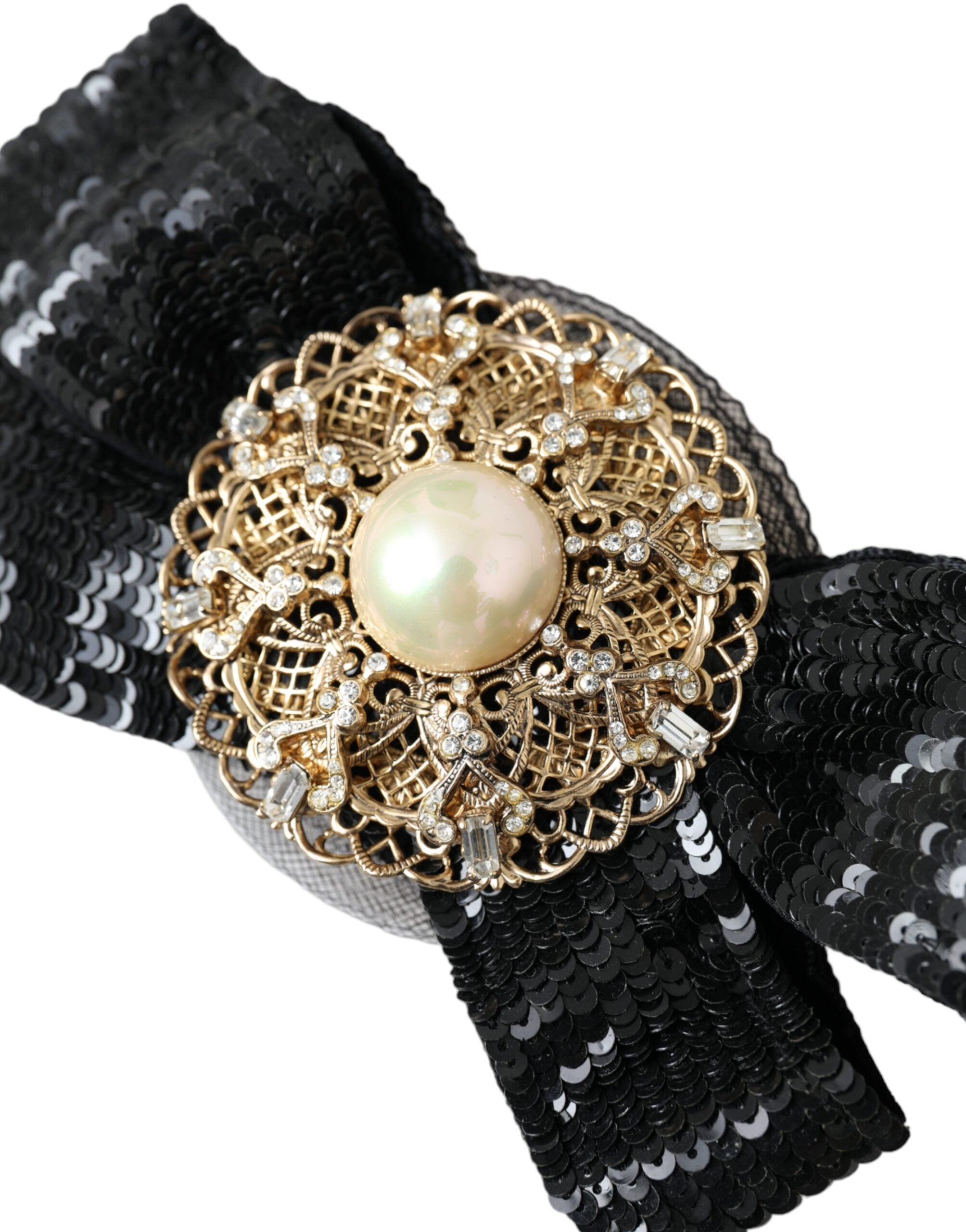 Black sequin pearl handmade brooch hair pin by Dolce & Gabbana featuring shimmering sequins and elegant pearl accents.